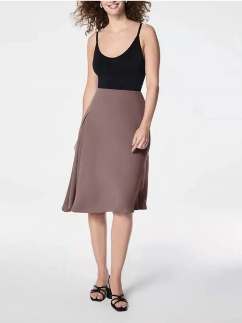 NEW Spanx Carefree Crepe Asymmetrical Midi Skirt Smoke Brown Small NWT Office